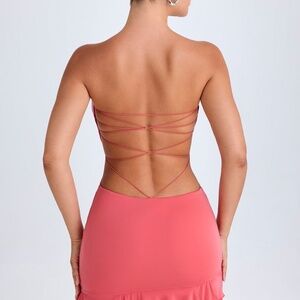 Oh Polly Ruffle-Trim Cut-Out Bandeau Mini Dress in Coral Size MM